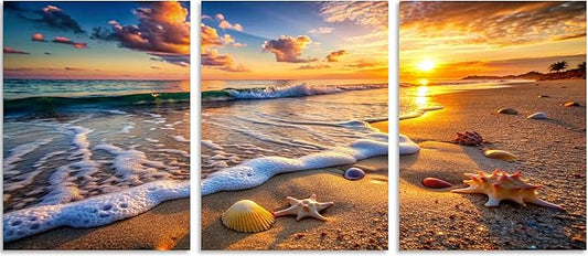 TutuBeer 3 Panels Beach Picture Beach Wall Art Blue Sea Sunset with Starfish Ocean Canvas Painting Sea Artwork for Walls Seascape the Pictures for Home Decor Wall Decor Ready to Hang 16x24inchx3