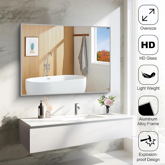 COFENY 30x40In Silver Bathroom Mirror for Wall, Brushed Nickel Rectangle Mirrors with Metal Frame, Bathroom Rectangular Mirror Modern Wall Mirror for Bedroom Living Room, Hangs Horizontal or Vertical