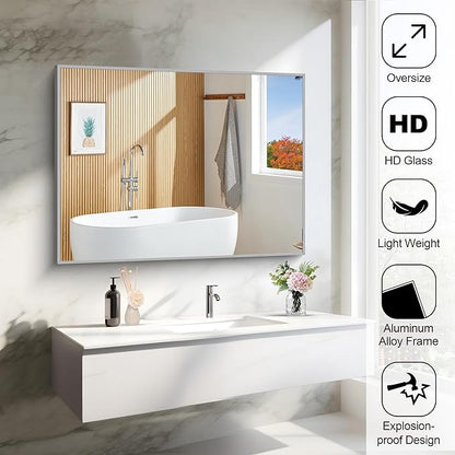 COFENY 30x40In Silver Bathroom Mirror for Wall, Brushed Nickel Rectangle Mirrors with Metal Frame, Bathroom Rectangular Mirror Modern Wall Mirror for Bedroom Living Room, Hangs Horizontal or Vertical