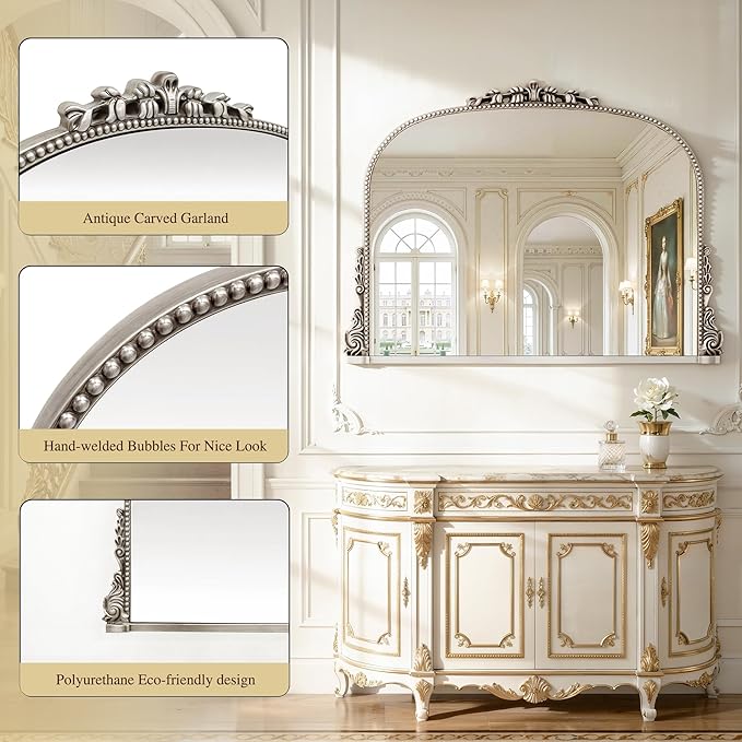 26x38 inch Vintage Arched Gold Ornate Baroque Mirror - Wall Vanity Mirror with Beautiful Retro Top and Bottom Engraving Process Frame for Bathroom, Living Room, Fireplace, Entryway, HD Tempered Glass