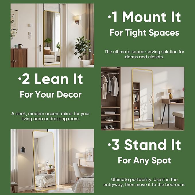 Suidia Full Length Mirror Over the Door&Wall Mounted, 48"x14" Door Mirror with Aluminum Alloy Frame, HD Shatterproof, No-Drill, Hanging Mirrors for Bedroom, Bathroom, Dorm, Closet, Rounded Rect, Gold