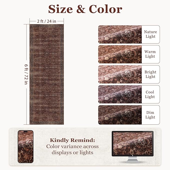 Brick Red 2x6 Rug Runners for Hallways Non Slip, Washable Non Slip Thin Carpet Runners for Kitchen Floor, Vintage Distressed Earth Tone Runner Rug for Entryway/Foyer/Bedroom/Laundry Room