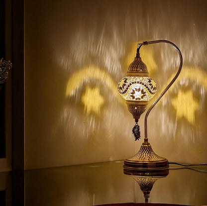 DEMMEX Turkish Moroccan Table Lamp, Swan Neck Tiffany Style Mosaic Glass Table Desk Bedside Lamp for Bedroom, Living Room – Handcrafted in Turkey, Amber Brown