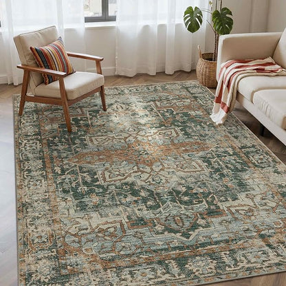 Rugxara 4x6 Rug for Living Room Bedroom, Green Washable Throw Rugs, Vintage Retro Boho Area Rugs, Non Slip & Low Pile Accent Throw Carpet for Indoor Dining Room, Kids Room and Office(Green 4x6ft)