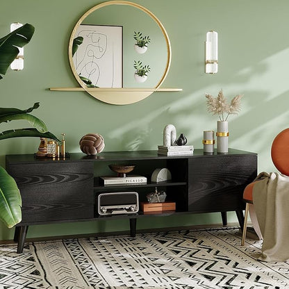 WLIVE Mid-Century Modern TV Stand for 55/60 Inch TV, Entertainment Center with Storage & Adjustable Shelves, Media Console with Soft-Close Cabinets for Living Room/Bedroom, Black