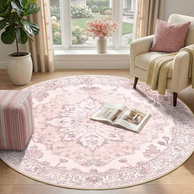 RELEANY Area Rugs Round 4ft Washable Non-Slip, Floral Vintage Distress Print Pattern Medallion Carpet for Living Room Bedroom Dining Room, Pink Greypink Cute