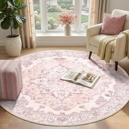 RELEANY Area Rugs Round 4ft Washable Non-Slip, Floral Vintage Distress Print Pattern Medallion Carpet for Living Room Bedroom Dining Room, Pink Greypink Cute