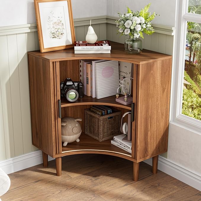 Fluted Corner Cabinet, Small Corner Floor Cabinet with Sliding Doors and Adjustable Shelves, Modern Wooden Freestanding Narrow Storage Organizer for Small Space,Living Room, Dining Room, Bathroom
