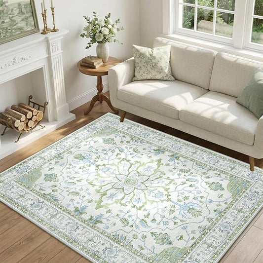 RELEANY Area Rugs 4'x5' Washable Non-Slip, Floral Vintage Distress Print Pattern Medallion Carpet for Living Room Bedroom Dining Room, Green White Blue