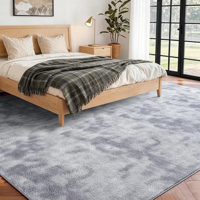 FinRèc 7x10 Washable Area Rugs for Bedroom Living Room, Low Pile Thin Ultra Soft Shag Rug, Non-Slip Carpet Indoor for Home Decor (Tie-dye Grey)