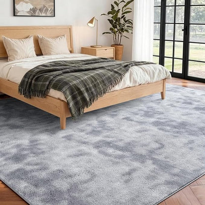 FinRèc 5x7 Washable Area Rugs for Bedroom Living Room, Low Pile Thin Ultra Soft Shag Rug, Non-Slip Carpet Indoor for Home Decor (Tie-dye Grey)