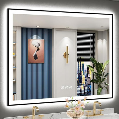 50x40 Black Framed LED Bathroom Mirror with Lights, Backlit and Front Lit Anti-Fog Lighted Vanity Mirrors for Bathroom Wall, Dimmable, 3 Colors, Memory, HD Tempered Glass, Horizontal/Vertical