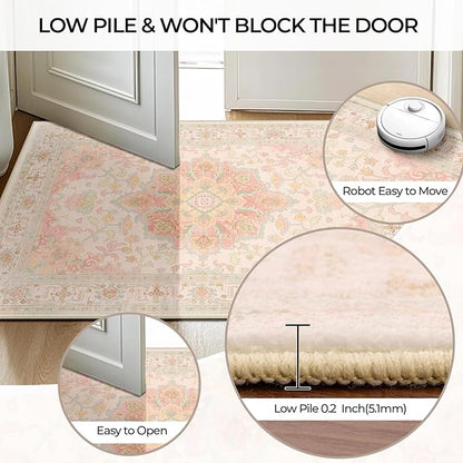 CAPALOCA Machine Washable Rugs Nursery Rug 4x6 Cute Girl Non Slip Low Pile Water Repellent Soft Print Pattern for Bedroom Indoor Decor Kids Playroom Pink Green