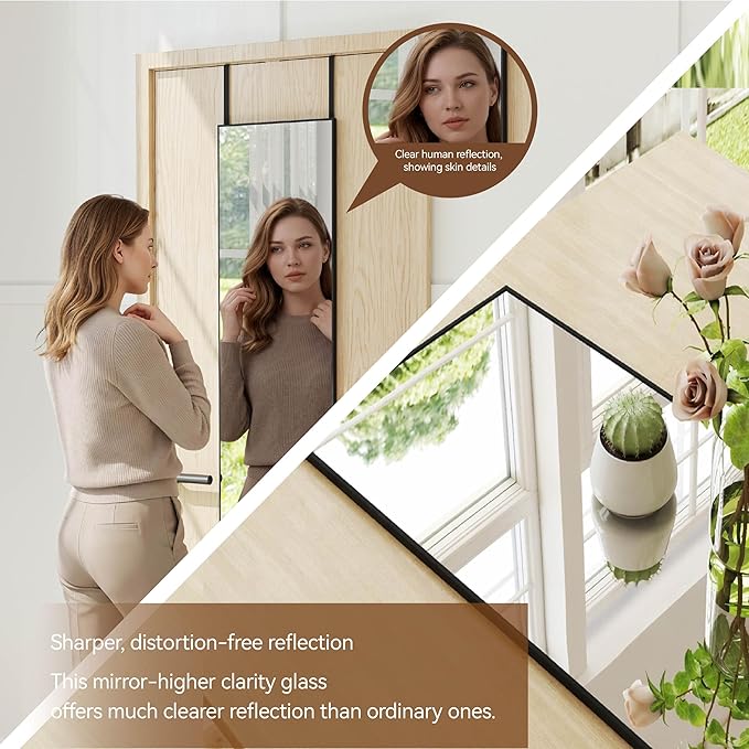 NARCISSUS 47x14 Mirror Door Hanging Full Length,Over Door or Wall Mounted Aluminum Alloy Frame Tempered Glass Rectangle Full Body Mirrors for Bedroom Dressing Living Room Bathroom 47 inch Black