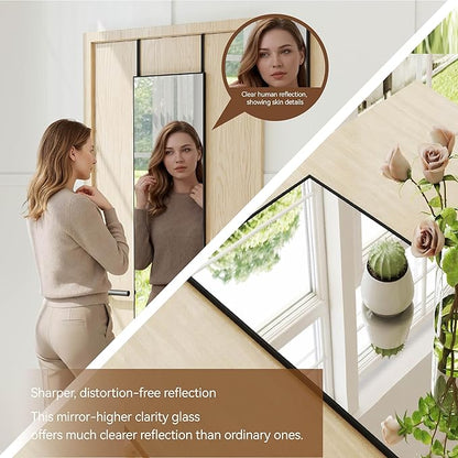NARCISSUS 47x14 Mirror Door Hanging Full Length,Over Door or Wall Mounted Aluminum Alloy Frame Tempered Glass Rectangle Full Body Mirrors for Bedroom Dressing Living Room Bathroom 47 inch Black
