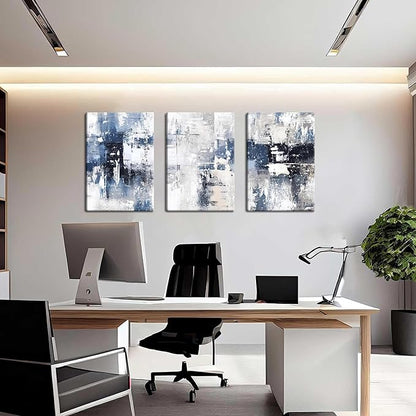 Abstract Blue and White Wall Art Set of 3, Modern Simple Navy Framed Canvas Prints Poster, Gray Painting Picture for Living Room, Bedroom, Office Wall Decor 16x24 Inch