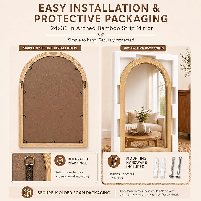 24" x 36" Arched Bamboo Wall Mirror, Handwoven Natural Frame with 2-Inch Deep Textured Profile, Decorative Boho Mirror for Entryway, Bedroom, Living Room