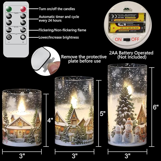 Snowman House Glass Flameless Candles Battery Operated with Remote and Timer Real Wax LED Flickering Pillar Candles Cold White Light Window Christmas Holiday Decor 3" D x 4", 5", 6" H