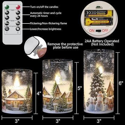 Snowman House Glass Flameless Candles Battery Operated with Remote and Timer Real Wax LED Flickering Pillar Candles Cold White Light Window Christmas Holiday Decor 3" D x 4", 5", 6" H