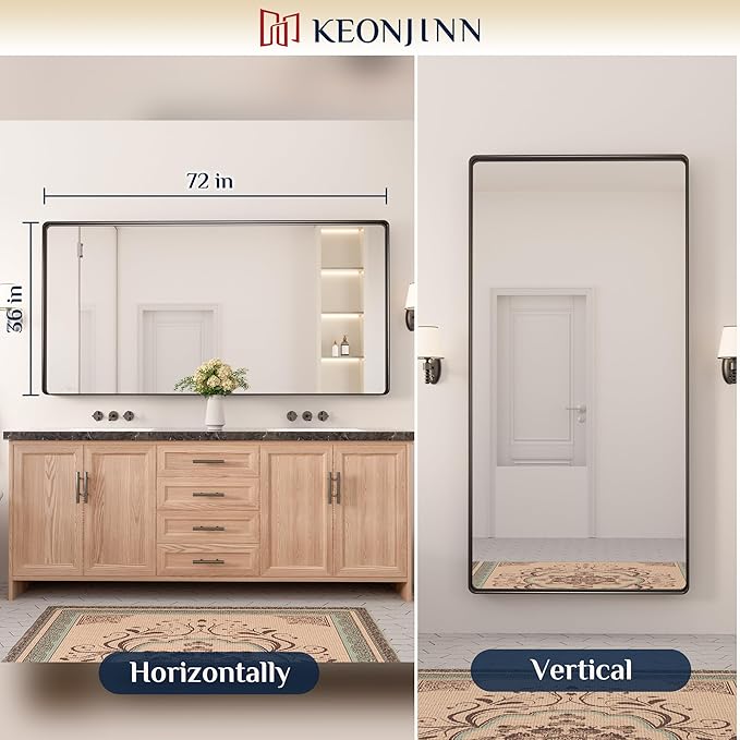 Keonjinn Black Bathroom Mirror for Over Sink, 72 x 36 Inch Large Rounded Rectangle Bathroom Vanity Mirror, Matte Black Sandblasted Finish, HD Tempered Glass, Seamless Metal Frame(Horizontal/Vertical)