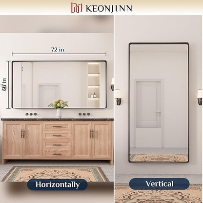 Keonjinn Black Bathroom Mirror for Over Sink, 72 x 36 Inch Large Rounded Rectangle Bathroom Vanity Mirror, Matte Black Sandblasted Finish, HD Tempered Glass, Seamless Metal Frame(Horizontal/Vertical)