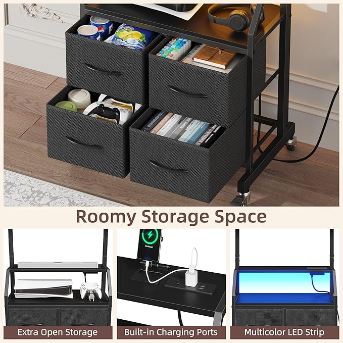 Rolling TV Stand with Mount & 4 Fabric Drawers - TV Stand with Wheels for 32-75" TV, Entertainment Center & Console Table for Living Room or Bedroom, Modern Television Stand with Storage, Black