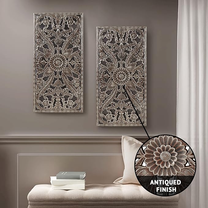 Madison Park Wall Art Living Room Décor - Floral Antiqued Wooden Carving Wall Decor Panel, Silver Embellished, Ready to Hang Wall Decor for Bedroom, 15.75"W x 31.5"L x 0.59"D, Bronze, 2 Piece
