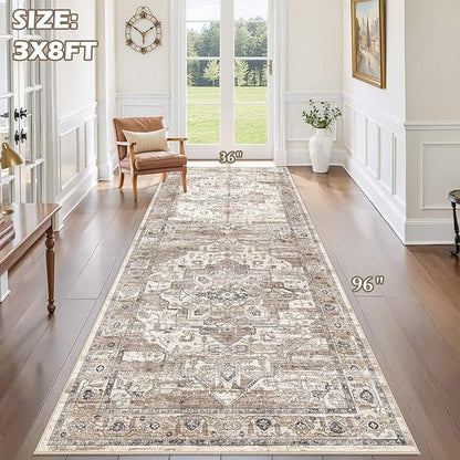 3x8 Washable Runner Rug :Hallway Runner with Non Slip Backing Farmhouse for Bedroom Bathroom Living Room Rug Vintage Large Soft Entryway for Kitchen Laundry Room Stain Resistant Carpet-Tea Brown