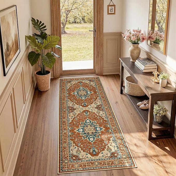 RELEANY Area Rugs 2'x5' Runner Rug Non Slip Washable for Kitchen Hallway Bedroom Beside Laundry Room Bathroom Rug, Floor Carpet, Red Orange Blue Brown