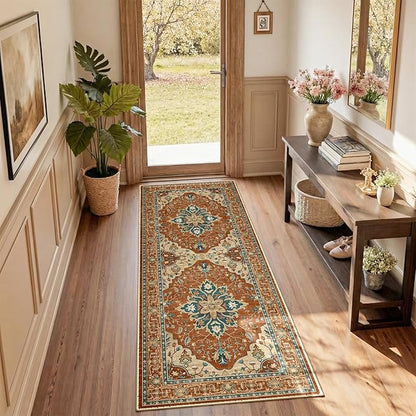 RELEANY Area Rugs 2'x5' Runner Rug Non Slip Washable for Kitchen Hallway Bedroom Beside Laundry Room Bathroom Rug, Floor Carpet, Red Orange Blue Brown
