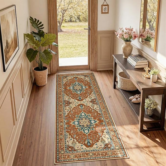 RELEANY Area Rugs 2'x6' Runner Rug Non Slip Washable for Kitchen Hallway Bedroom Beside Laundry Room Bathroom Rug, Floor Carpet, Red Orange Blue Brown