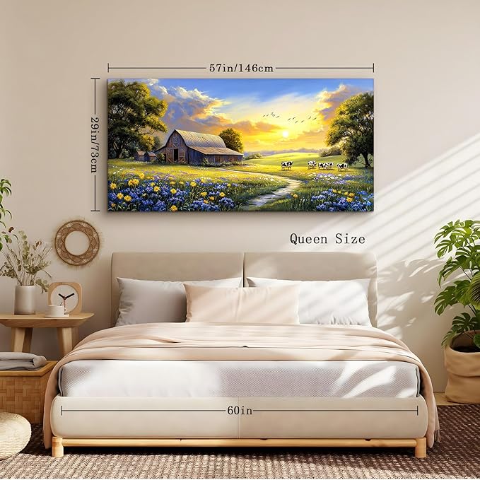 crmotu Farmhouse Wall Art, Landscape Wall Art, Large Wall Decor, Spring Nature Painting Canvas Prints, Rustic Sunset Oversized Artwork, Country Pictures for Living Room Dining Room Cottage Farm 29X57 In