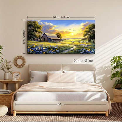 crmotu Farmhouse Wall Art, Landscape Wall Art, Large Wall Decor, Spring Nature Painting Canvas Prints, Rustic Sunset Oversized Artwork, Country Pictures for Living Room Dining Room Cottage Farm 29X57 In