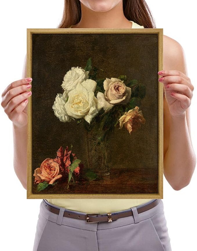 Pyradecor Vintage Retro Framed Wall Art Roses Paintings Pictures Canvas Prints Mid Century Bathroom Decor for Living Room Office Farmhouse Decorations