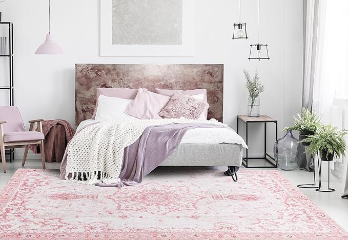 Sofrug Area Rug 6x9 - Vintage Floral Honeycomb Non Slip Backing Carpet - Pink Softer Thicker Faux Wool Rug - Foldable & Machine Washable Rugs for Living Room Bedroom Dining Room Home Office