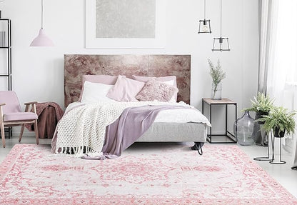 Sofrug Area Rug 6x9 - Vintage Floral Honeycomb Non Slip Backing Carpet - Pink Softer Thicker Faux Wool Rug - Foldable & Machine Washable Rugs for Living Room Bedroom Dining Room Home Office