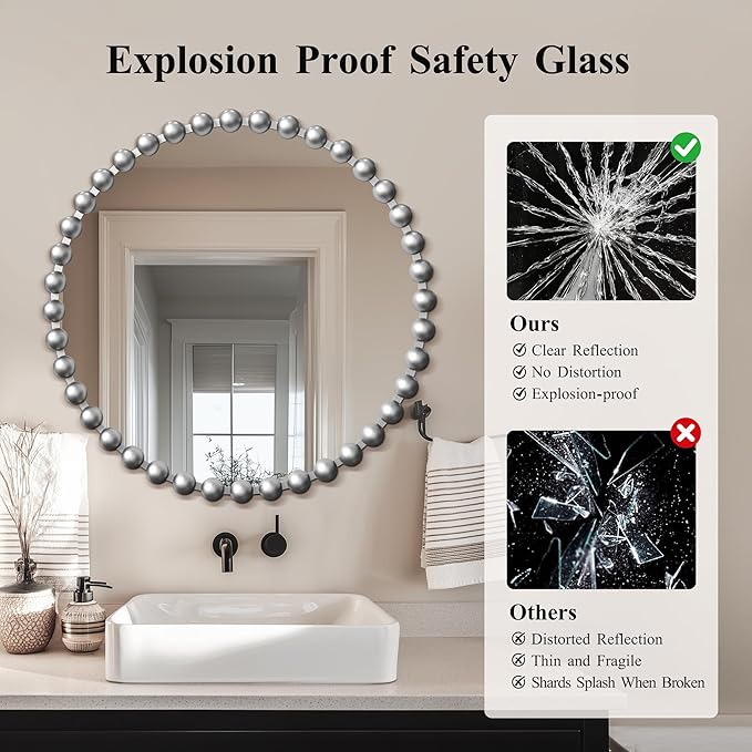 36'x36' Beaded Silver Round Wall Mirror with Metal Frame, Small Vintage Retro Baroque Ornate Vanity Mirror for Bathroom, Fireplace,Entryway, Living Room (Beaded Round Mirror)