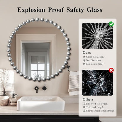36'x36' Beaded Silver Round Wall Mirror with Metal Frame, Small Vintage Retro Baroque Ornate Vanity Mirror for Bathroom, Fireplace,Entryway, Living Room (Beaded Round Mirror)