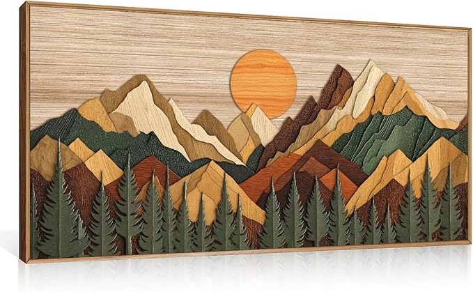 Celestdeco Large Woodcut Style Mountain Framed Canvas Wall Art Set,Woodsy Rustic Ridge Wall Decor,Boho Pine Tree Forest Wall Painting,Abstract Sunrise Wooden Art Print for Living Room,Bedroom,Office-20"X40"(Not-3D Effect)
