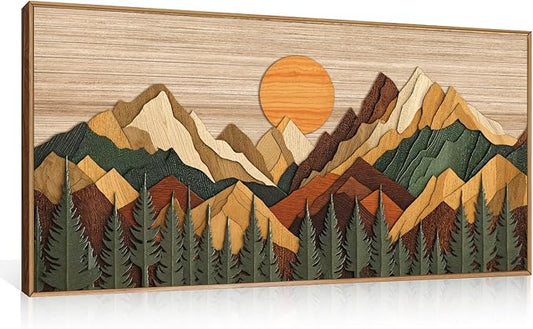 Celestdeco Large Woodcut Style Mountain Framed Canvas Wall Art Set,Woodsy Rustic Ridge Wall Decor,Boho Pine Tree Forest Wall Painting,Abstract Sunrise Wooden Art Print for Living Room,Bedroom,Office-20"X40"(Not-3D Effect)