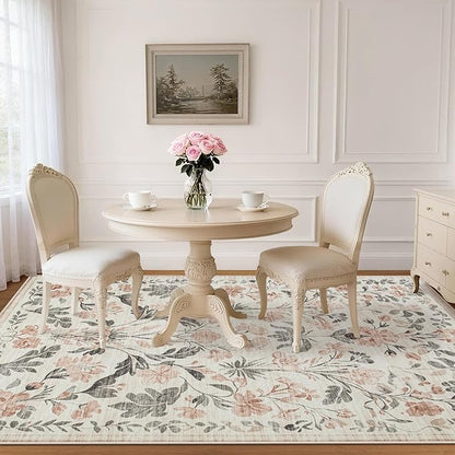 5x7 Area Rugs Washable Rug: Lagre Boho Living Room Rug Soft Non-Slip Thin Carpet Indoor Floor Non-Shedding Neutral Floral Carpets for Bedroom Dining Room Farmhouse Nursery Pink