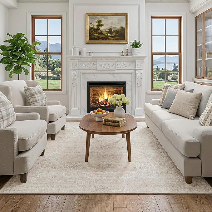 FMFUNCTEX 5x7 Washable Area Rug Neutral Beige Vintage Distressed Oriental Non Slip Low Pile Floral Rug for Living Room Bedroom Cream Traditional Soft Thin Retro Indoor Carpet for Dining Room Office