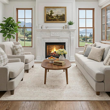 FMFUNCTEX 5x7 Washable Area Rug Neutral Beige Vintage Distressed Oriental Non Slip Low Pile Floral Rug for Living Room Bedroom Cream Traditional Soft Thin Retro Indoor Carpet for Dining Room Office