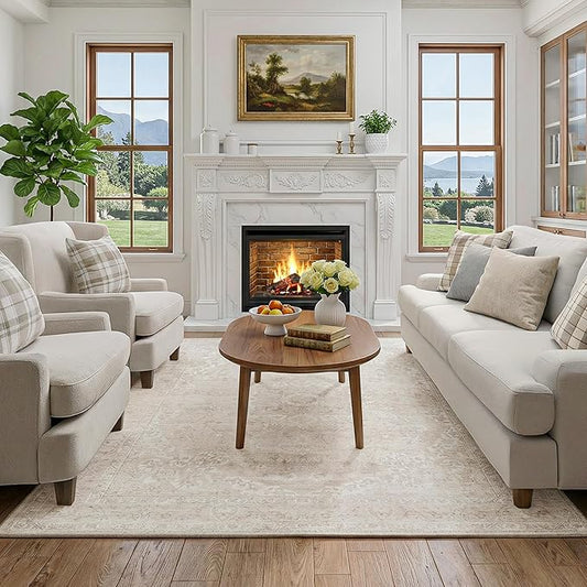 FMFUNCTEX 5x7 Washable Area Rug Neutral Beige Vintage Distressed Oriental Non Slip Low Pile Floral Rug for Living Room Bedroom Cream Traditional Soft Thin Retro Indoor Carpet for Dining Room Office