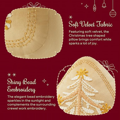 Phantoscope Merry Christmas Tree Decorative Throw Pillow, Velvet Beads Embroidery 3D Shaped Cushion, Suitable for Sofas, Living Rooms, and Beds, Beige, 18 x 14 in