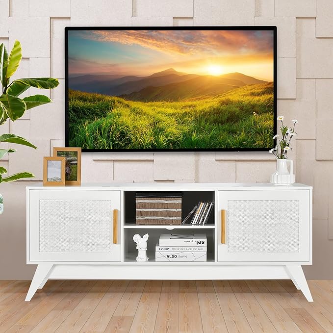 Tangkula Rattan TV Stand for TVs Up to 65", Entertainment Center, 3-Tier Adjustable Shelf, 2 Enclosed Weaved Cabinets, Cable Holes, Modern Media TV Console Table for Living Room