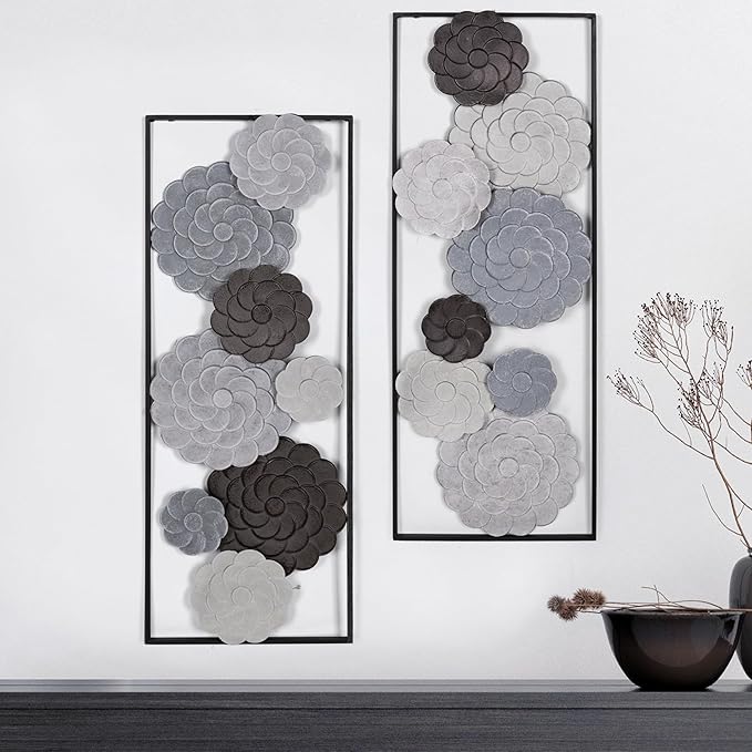 Oakrain 2 PCS Metal Wall Art - 35.4" X 13.4" Large Metal Flower Wall Decor with Frame, Modern Home Wall Decoration Sculpture for Living Room, Office, Bedroom, Study