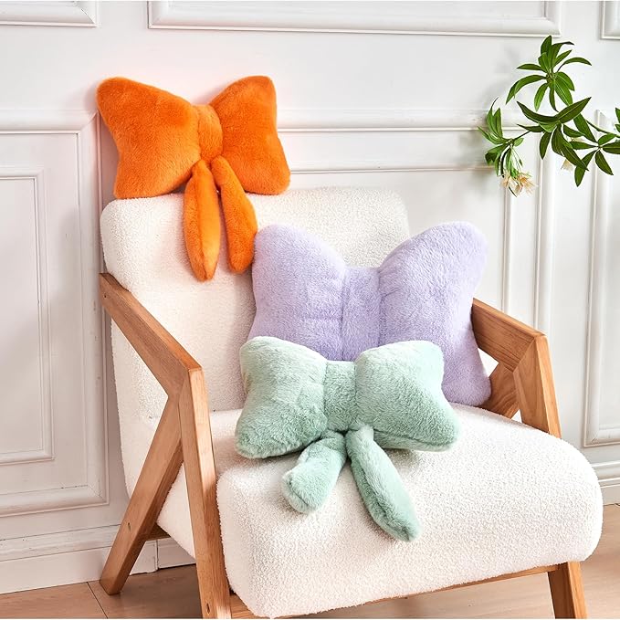 XVTRU Bow Pillow, Soft Bow Decorative Pillows with Faux Rabbit Fur, Cute Bow Throw Pillows, Aesthetic Home Decor Bow Shaped Plush Pillow for Bedroom Sofa Couch (Orange, Small-12 Inch)