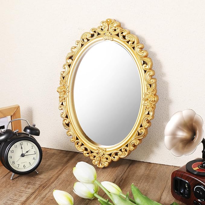 Ptwola 2PCS Vintage Decorative Wall Mirror Small Oval Wall Hanging Mirrors Antique Gold Carved Framed Mirror for Entryways Bedroom Living Room Dresser Decor