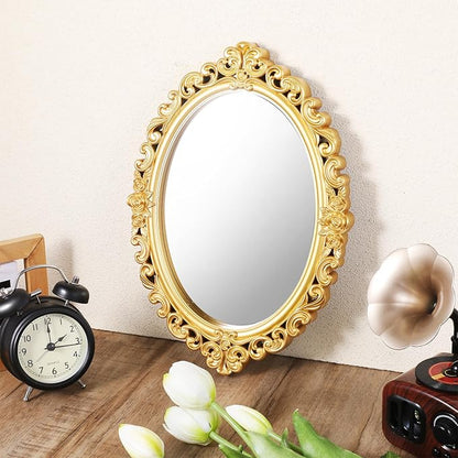 Ptwola 2PCS Vintage Decorative Wall Mirror Small Oval Wall Hanging Mirrors Antique Gold Carved Framed Mirror for Entryways Bedroom Living Room Dresser Decor